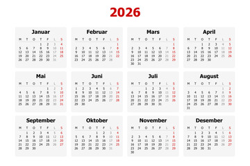 Vector illustration of modern Norwegian calendar for year 2026 in Norway
