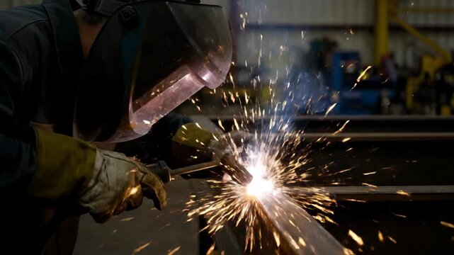 Welder in protective gear performing intense arc welding process on metal beams,welding,workshop
