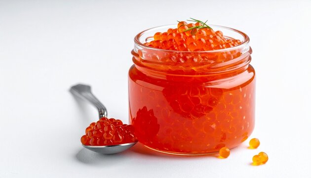 Glass jar of bright red fish roe on white background - Powered by Adobe