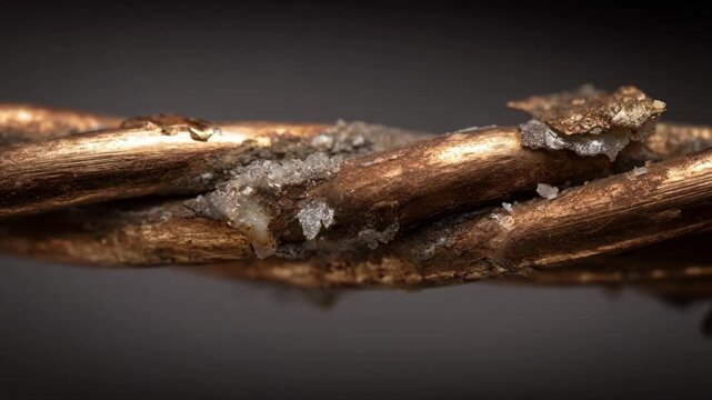 Medium shot of copper wires with extensive pitting corrosion highlighting roughened and degraded metallic surfaces under soft lighting.