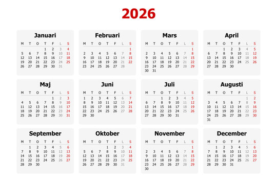Vector illustration of modern Swedish calendar for year 2026 in Sweden