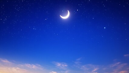 Night sky scene with crescent moon and stars in blue sky with clouds  serene and peaceful atmosphere at dusk or dawn