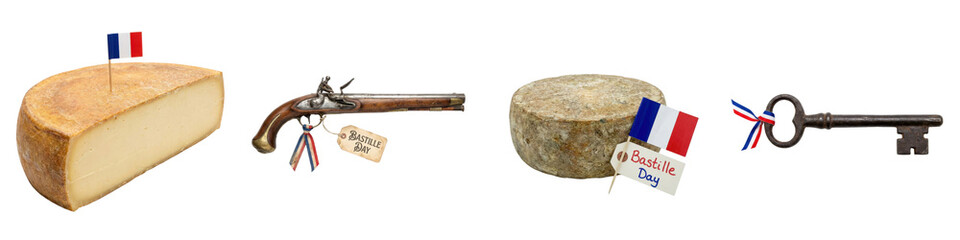 Bastille Day French symbols set with cheese, antique pistol and vintage key isolated on black