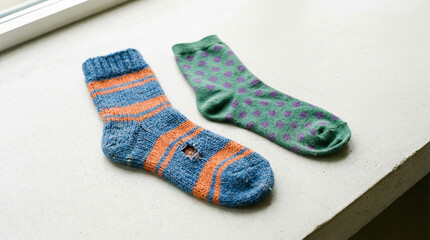Conceptual still life of mismatched socks placed side by side. Similar material but different colors and patterns.