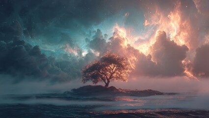 Enchanting Tree Amidst Stormy Skies