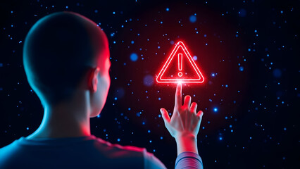 Person interacting with a glowing red warning sign in a futuristic digital environment with a starry background