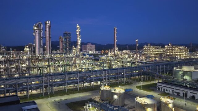 Large Industrial Oil Refinery Complex Aerial View at Dusk