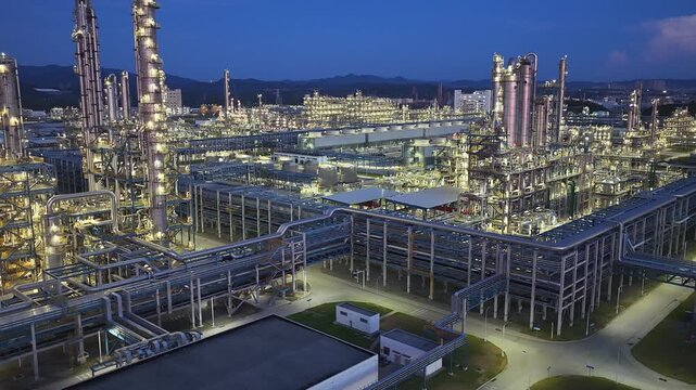 Sinopec Refinery Aerial Night View with Illuminated Industrial Complex