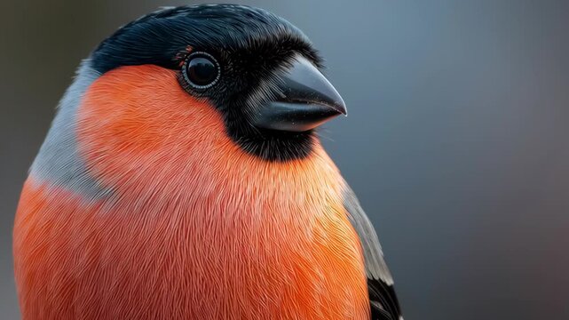 Close portrait of a bullfinch showing vivid feathers and sharp details, minimal wildlife image highlighting beauty, texture, calm mood, and natural elegance