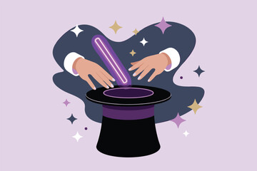 Magician's Hands Conjuring Spell with Glowing Wand and Top Hat, magic performance concept