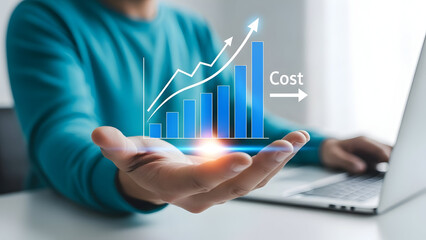 Businessman presenting a 3d bar graph with rising costs on a laptop