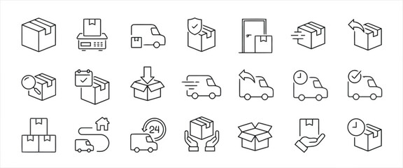 Set of Delivery Icons in Outline Style Representing Shipping and Logistics for E-Commerce Business Vector Isolated on White Background With 20 Different Design Elements