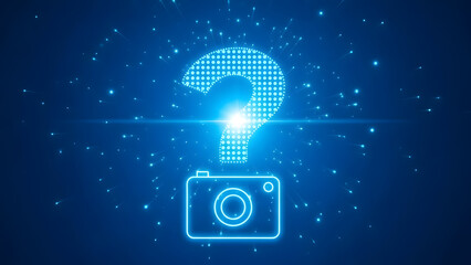 Glowing blue question mark and camera icon on dark background with stars