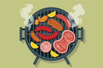 Delicious Barbecue Cookout on a Grill with Meats and Lemons, outdoor cooking concept