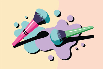 Vibrant Flat Design Makeup Brushes with Abstract Splashes, beauty cosmetics concept