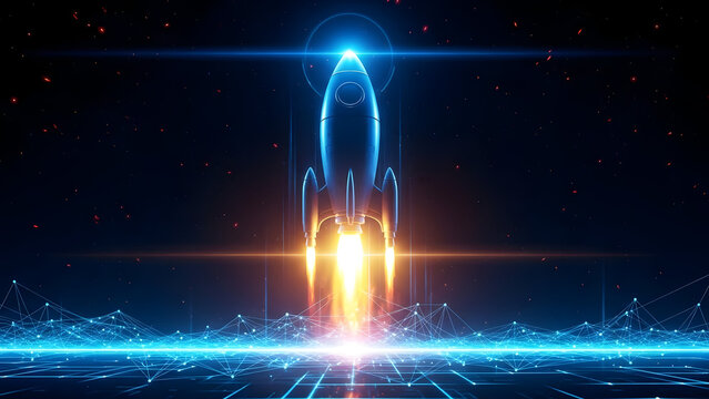 A futuristic rocket ship blasting off into the night sky with bright lights and vibrant blue trails