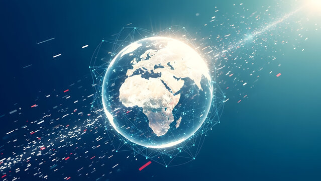 A glowing globe centered on africa with radiant light and particles on a dark blue background - Powered by Adobe