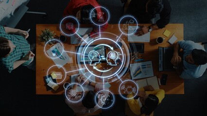 A dynamic business meeting showcases teamwork with diverse professionals interacting around a table while digital AI concepts appear in overlays, highlighting collaboration. Raster