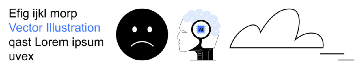 Fototapeta premium Emotions, mental health, analysis, psychology concepts, cloud storage, digital processing. A sad face, human head with brain magnified and a cloud icon. Mental health and analysis concepts