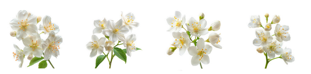Fototapeta premium Four delicate jasmine flower sprigs with white petals and yellow stamens shown in a floral arrangement on transparent background