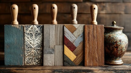 Selection of natural tone parquet and laminate floor samples set against an oak wood backdrop