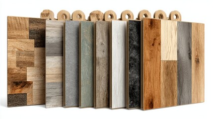 A selection of natural tone parquet and laminate floor samples displayed against an oak wood backdrop.