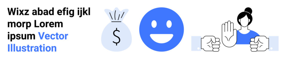 Fototapeta premium Finance, mood expressions, conflict resolution, emotional barriers, financial security, communication. Money bag, happy face stop gesture hand signs. Finance and mood expression concepts