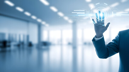 Businessman interacting with virtual interface in modern office space with blue tone