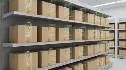 A retail shelf filled with neatly arranged cardboard boxes. Each box has a label, indicating various products. The setting is bright and organized.