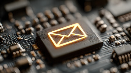open email icon with glowing neon lines displays digital message on tech circuit board concept shows online communication information transfer data flow electronic mail newsletter marketing