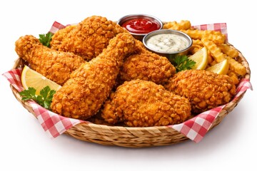 Crispy fried chicken pieces served in a rustic basket with sauce and fries.
