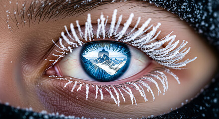 Extreme close-up of a blue eye framed by frosted eyelashes, winter mountains and a tiny bundled figure reflected in the iris, symbolizing cold adventure and inner vision