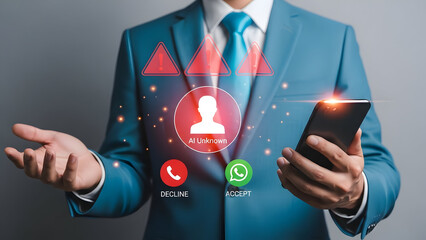 Businessman in blue suit holding smartphone with social media icons floating above