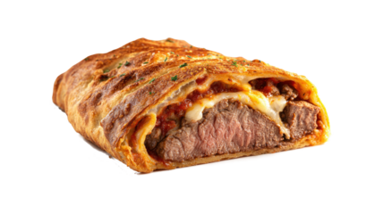 Large slice of a baked steak stromboli isolated on a white background