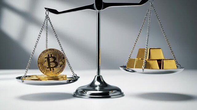 Bitcoin and gold bars balancing precariously on a classic silver scale