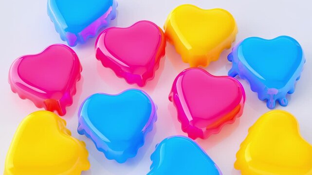 This delightful video showcases colorful heart-shaped candies in vibrant pink, blue, and yellow hues. Each candy adds a cheerful touch, creating a playful atmosphere that's perfect for celebrating lov