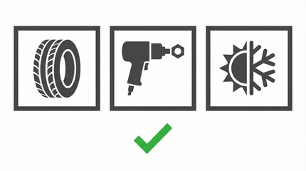 Icons representing tire, air gun, and snowflake. The symbols indicate tire maintenance and seasonal changes. Simple and clear design for automotive themes.