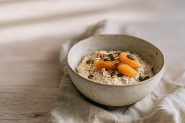 Oatmeal bowl topped with apricots and pumpkin seeds on linen cloth  