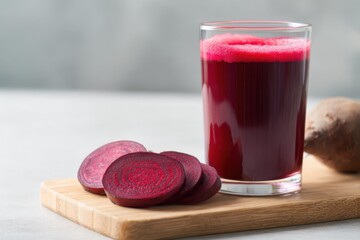 Fresh beet juice in glass with sliced beetroot on wooden board  