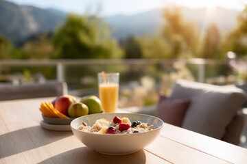Healthy breakfast bowl with fruits and juice on sunny terrace  