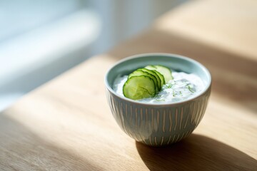 Fresh cucumber yogurt dip served in a bowl on wooden table  