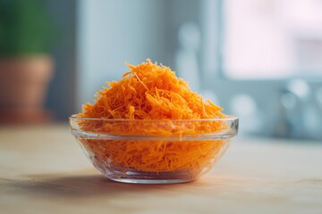 Grated orange carrots in a glass bowl on a wooden kitchen table  