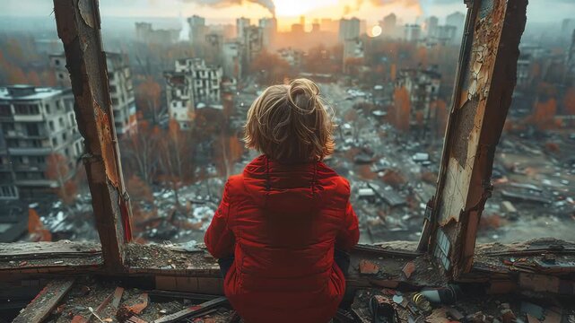 A little boy sits in a destroyed house from the consequences of war.