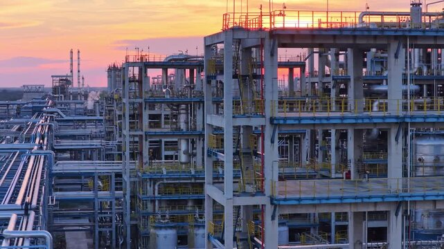 Large Oil Refinery Aerial View at Sunset