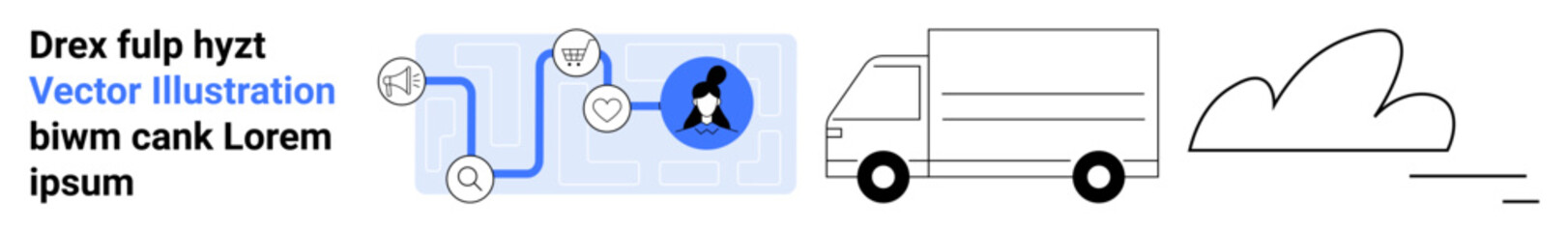 Logistics, delivery, supply chain, route optimization, transportation, package tracking. Visual of a truck, route diagram and cloud symbol. Logistics and delivery concept for modern solutions