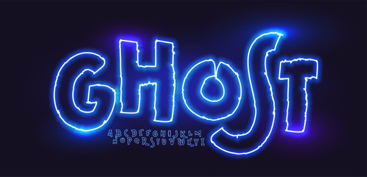 Ghost Font Logo Alphabet Vector Neon Glow Letters Set Modern Typography, Blue Light Typographic Design for Title Text, Typo Poster Headline, Type Symbol Logotype, Sans Serif Fonts. Vector Typeface