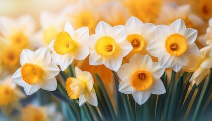 Fototapeta premium Close Up Of Blooming Daffodils With White Petals And Vibrant Yellow Corona Against A Soft Pastel