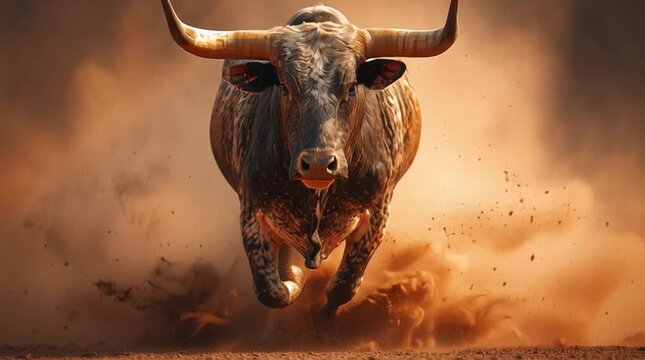 Powerful longhorn bull charges forward kicking up dirt, dust. Beast runs with strong energy on dry ground, showing raw force, power. Animal big, curved horns. Fierce creature looks directly at viewer