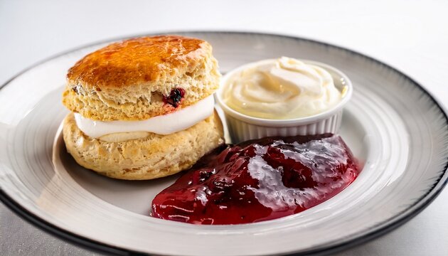 British Welsh Scone With Jam And Clotted Cream N Classic Traditional Dessert On White Background