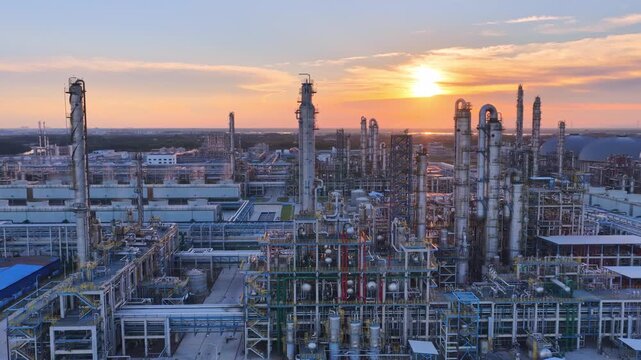 Large Oil Refinery Aerial View at Sunset